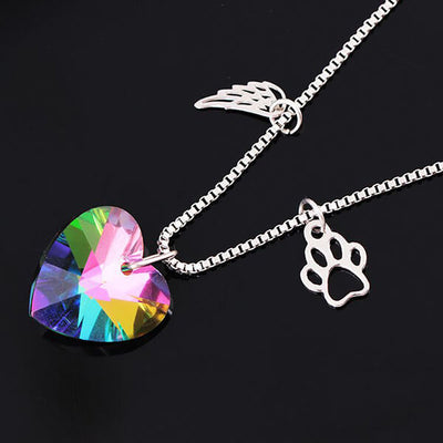 Rainbow Crystal Pet Memorial Angel Wing Heart Necklace