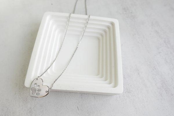 Sterling Silver Heart Paw Print Memorial Necklace
