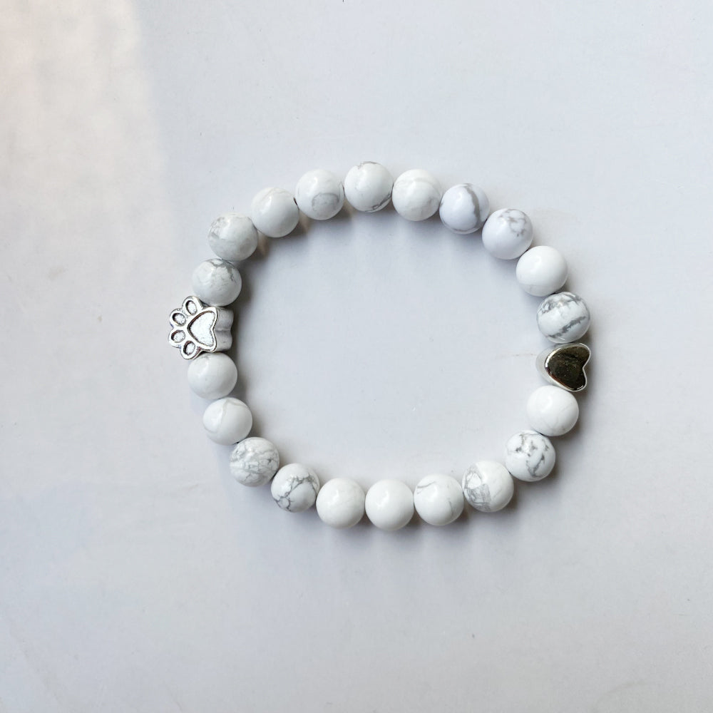 White Marble Natural Stone Pet Memorial Bracelet with Paw & Heart Charms