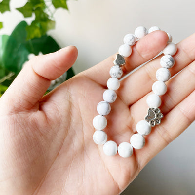 White Marble Natural Stone Pet Memorial Bracelet with Paw & Heart Charms