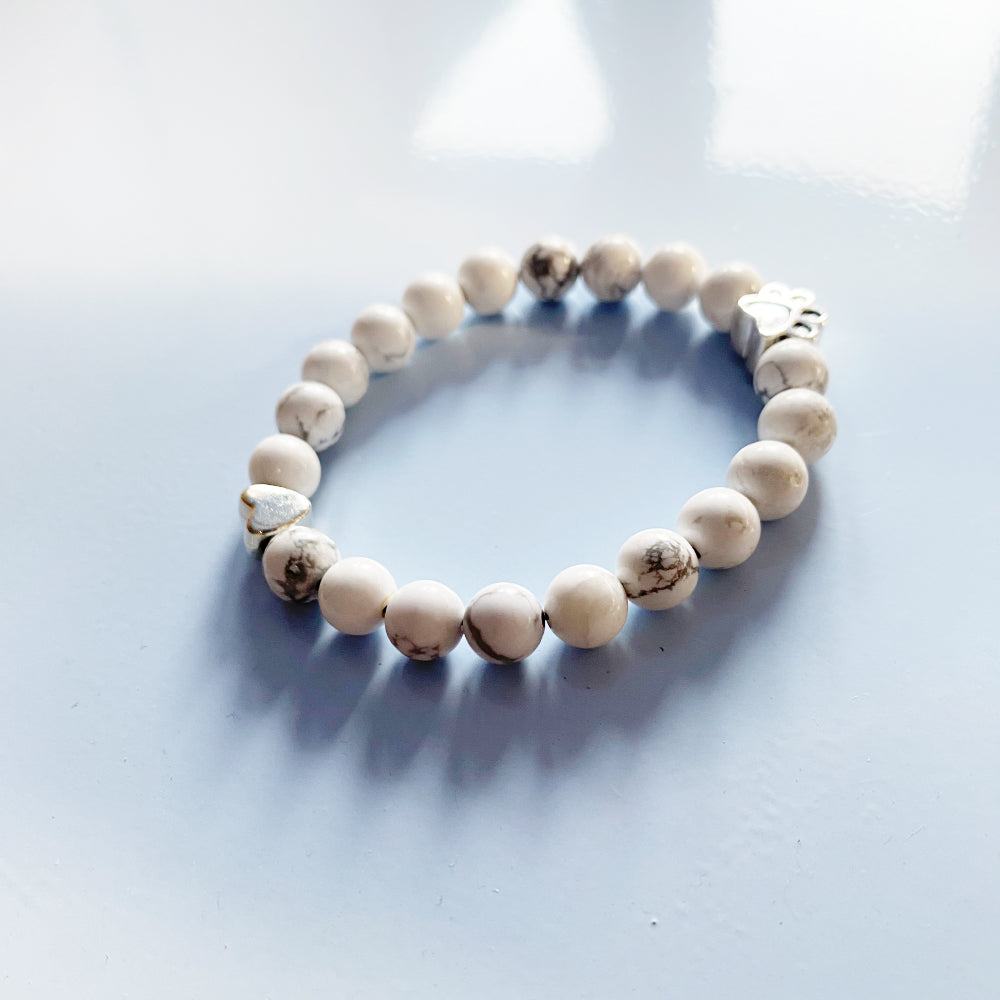 White Marble Natural Stone Pet Memorial Bracelet with Paw & Heart Charms