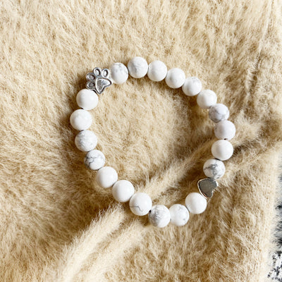 White Marble Natural Stone Pet Memorial Bracelet with Paw & Heart Charms