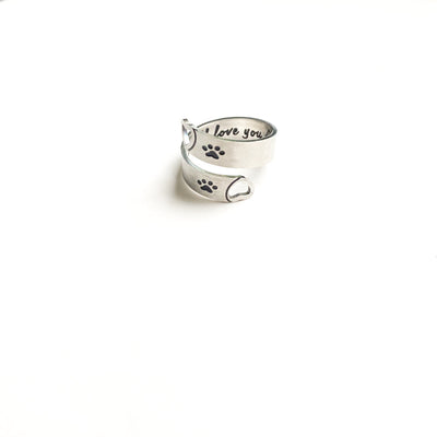 Adjustable Paw Print Heart Twist Ring - Sterling Steel Memorial Jewelry