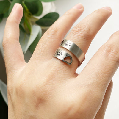 Adjustable Paw Print Heart Twist Ring - Sterling Steel Memorial Jewelry