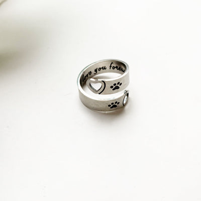 Adjustable Paw Print Heart Twist Ring - Sterling Steel Memorial Jewelry
