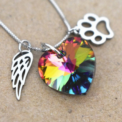 Rainbow Crystal Pet Memorial Angel Wing Heart Necklace