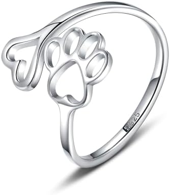 Sterling Silver Paw Print Heart Ring - Adjustable Memory Jewelry for Pet Lovers