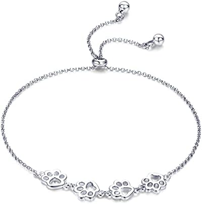 925 Sterling Silver Paw Print Charm Bracelet - Adjustable Pet Memorial Jewelry