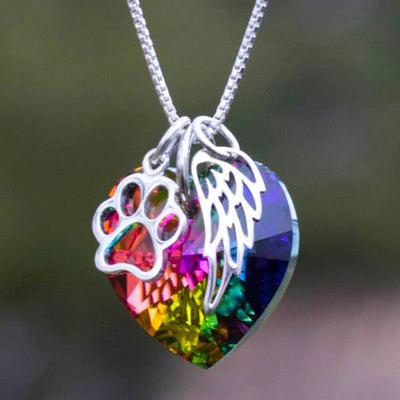 Rainbow Crystal Pet Memorial Angel Wing Heart Necklace
