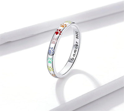 Sterling Silver Paw Print Memory Ring - S925 Enamel Keepsake Jewelry