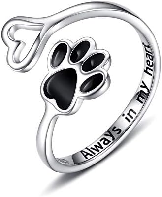 Sterling Silver Paw Print Heart Ring - Adjustable Memory Jewelry for Pet Lovers