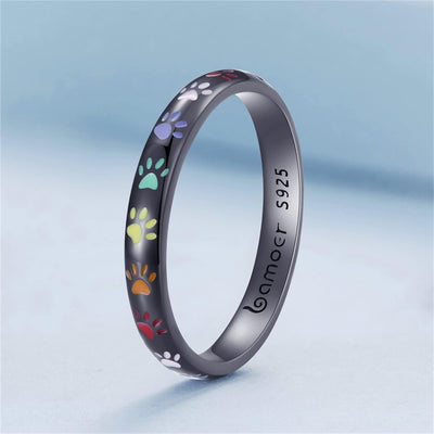Sterling Silver Paw Print Memory Ring - S925 Enamel Keepsake Jewelry