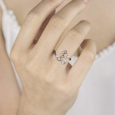 Sterling Silver Paw Print Heart Ring - Adjustable Memory Jewelry for Pet Lovers