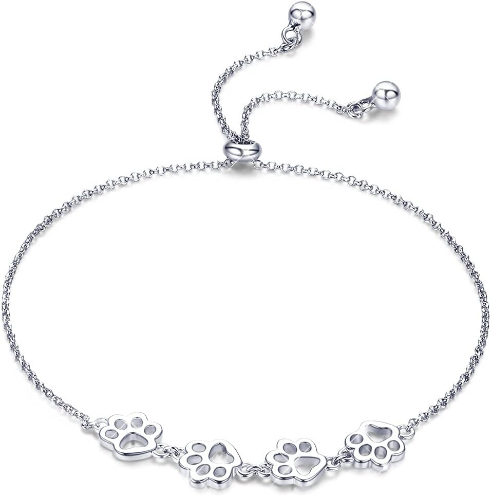 925 Sterling Silver Paw Print Charm Bracelet - Adjustable Pet Memorial Jewelry