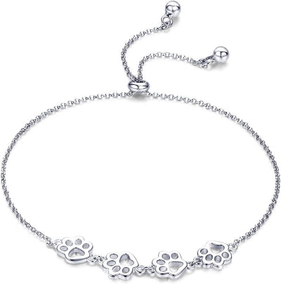 925 Sterling Silver Paw Print Charm Bracelet - Adjustable Pet Memorial Jewelry