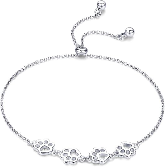925 Sterling Silver Paw Print Charm Bracelet - Adjustable Pet Memorial Jewelry