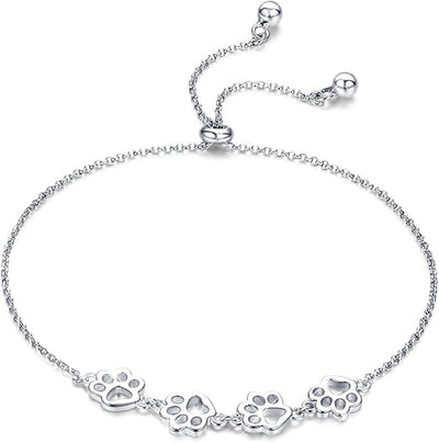 925 Sterling Silver Paw Print Charm Bracelet - Adjustable Pet Memorial Jewelry