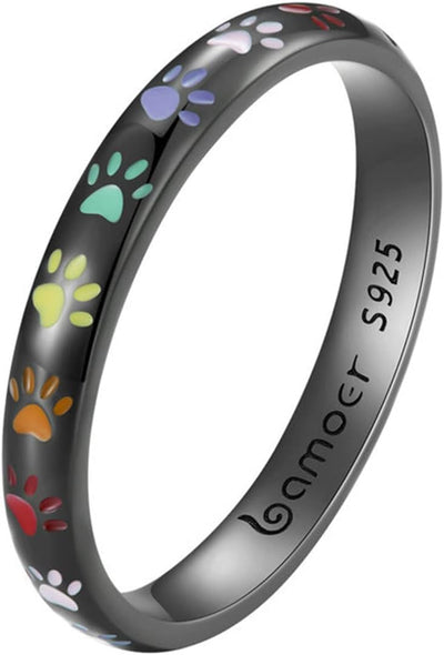 Sterling Silver Paw Print Memory Ring - S925 Enamel Keepsake Jewelry