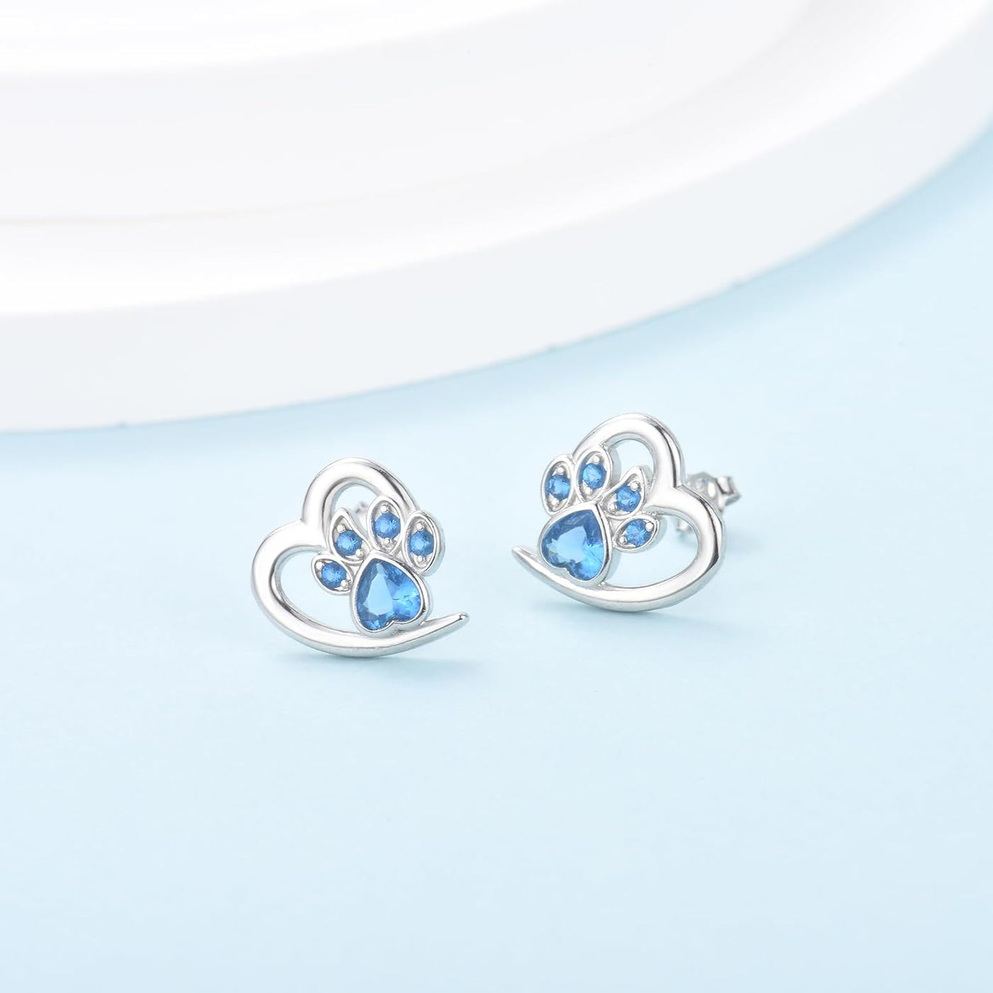 Crystal Paw Print Heart Earrings - Sterling Silver Pet Memorial Jewelry