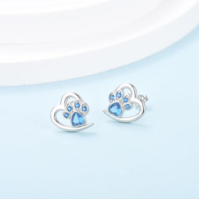 Crystal Paw Print Heart Earrings - Sterling Silver Pet Memorial Jewelry
