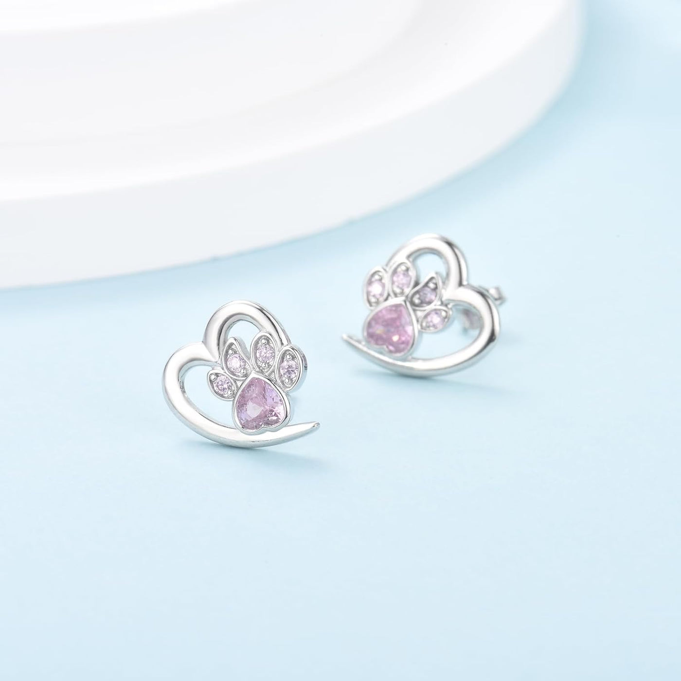 Crystal Paw Print Heart Earrings - Sterling Silver Pet Memorial Jewelry