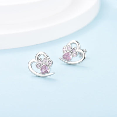 Crystal Paw Print Heart Earrings - Sterling Silver Pet Memorial Jewelry