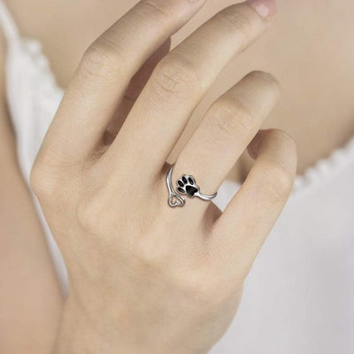 Sterling Silver Paw Print Heart Ring - Adjustable Memory Jewelry for Pet Lovers