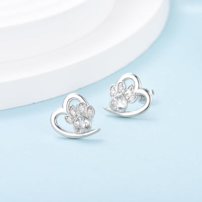 Crystal Paw Print Heart Earrings - Sterling Silver Pet Memorial Jewelry