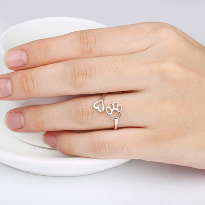 Sterling Silver Paw Print Heart Ring - Adjustable Memory Jewelry for Pet Lovers