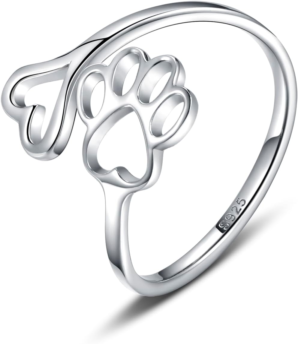 Sterling Silver Paw Print Heart Ring - Adjustable Memory Jewelry for Pet Lovers
