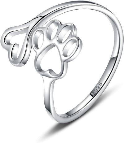 Sterling Silver Paw Print Heart Ring - Adjustable Memory Jewelry for Pet Lovers