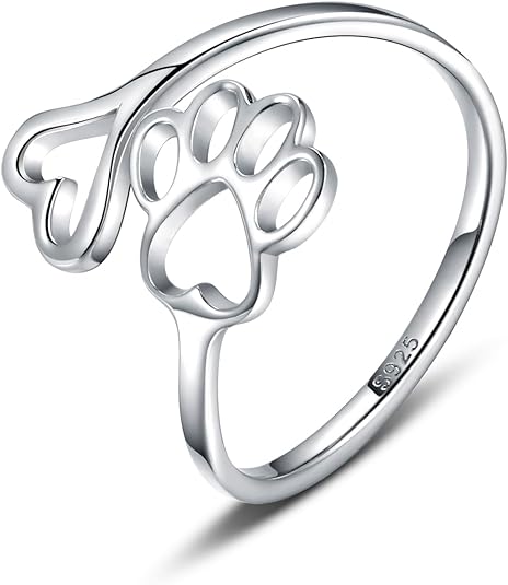 Sterling Silver Paw Print Heart Ring - Adjustable Memory Jewelry for Pet Lovers