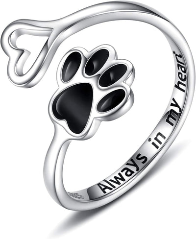 Sterling Silver Paw Print Heart Ring - Adjustable Memory Jewelry for Pet Lovers