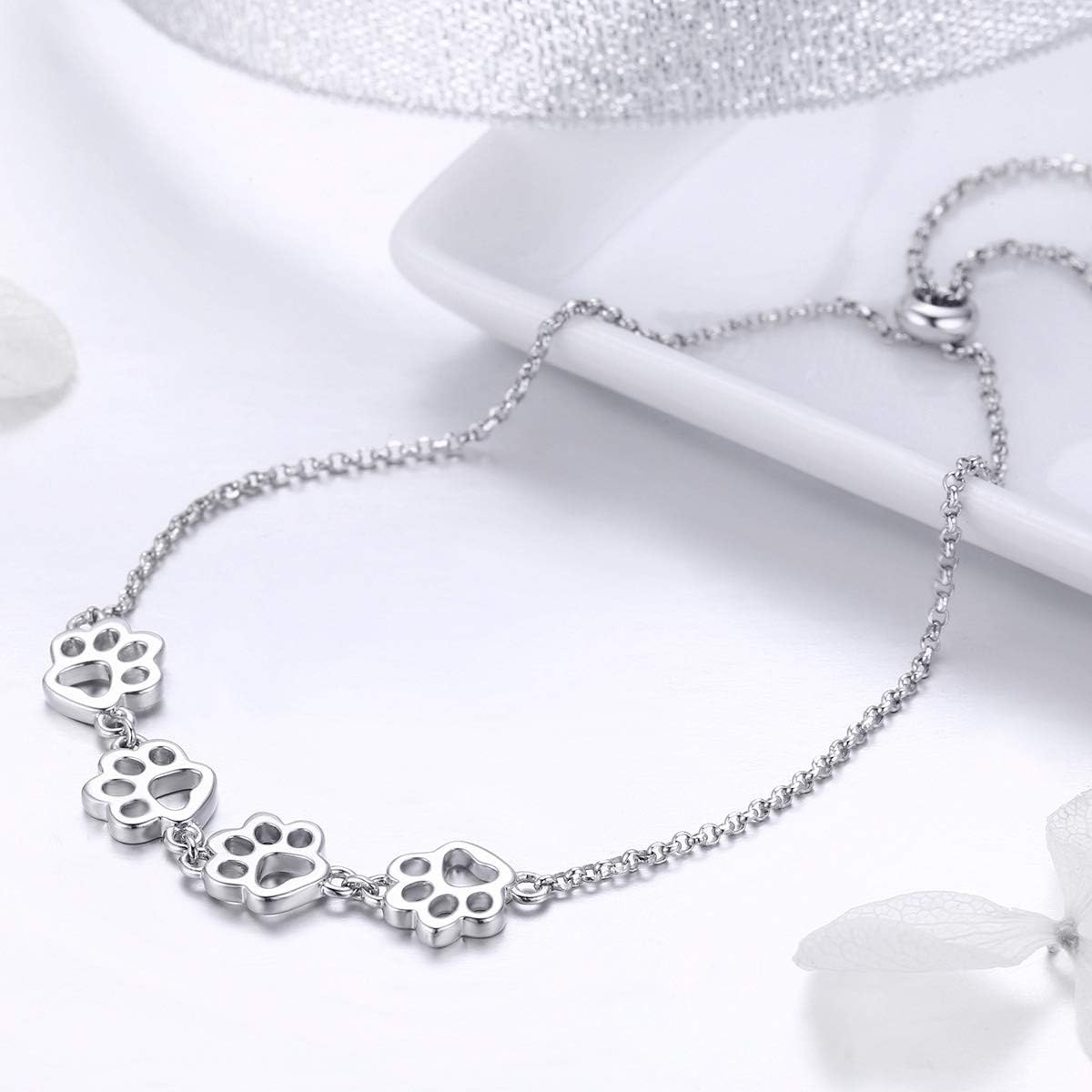 925 Sterling Silver Paw Print Charm Bracelet - Adjustable Pet Memorial Jewelry