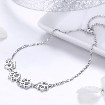 925 Sterling Silver Paw Print Charm Bracelet - Adjustable Pet Memorial Jewelry