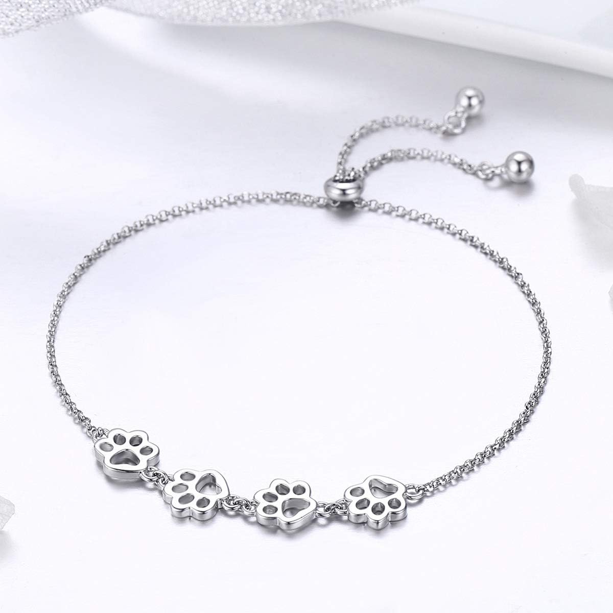 925 Sterling Silver Paw Print Charm Bracelet - Adjustable Pet Memorial Jewelry