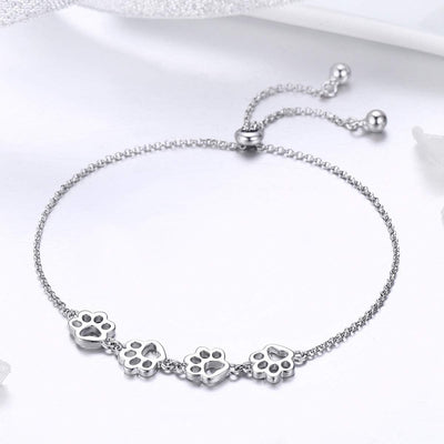925 Sterling Silver Paw Print Charm Bracelet - Adjustable Pet Memorial Jewelry
