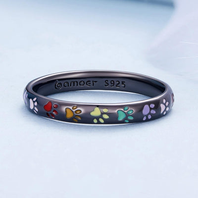 Sterling Silver Paw Print Memory Ring - S925 Enamel Keepsake Jewelry