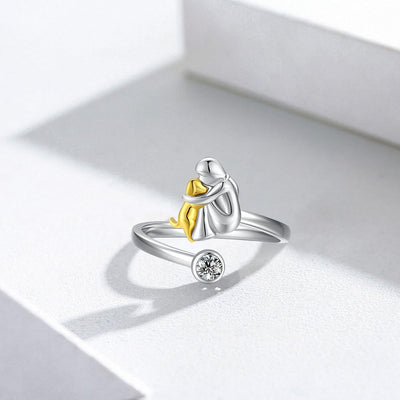 Sterling Silver Woman and Dog Embrace Ring - Adjustable Sentimental Statement Jewelry
