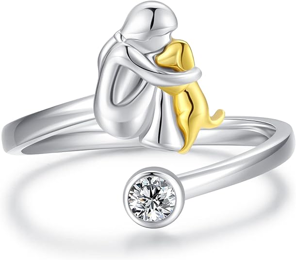 Sterling Silver Woman and Dog Embrace Ring - Adjustable Sentimental Statement Jewelry