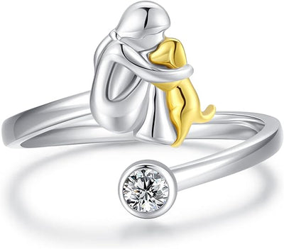 Sterling Silver Woman and Dog Embrace Ring - Adjustable Sentimental Statement Jewelry