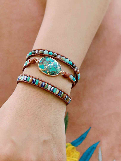 Natural Stone Triple-Layer Bracelet with Agate & Pine Wood