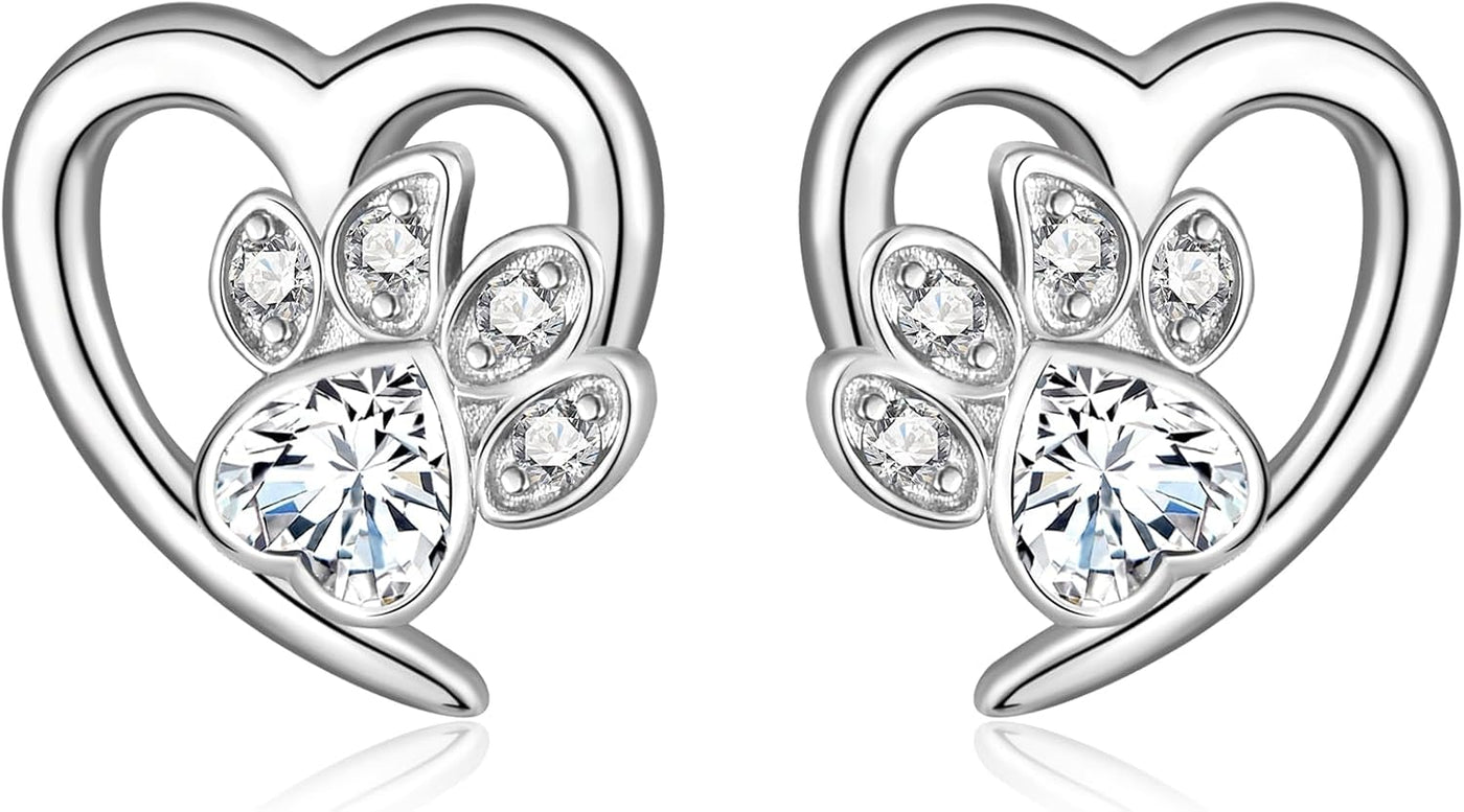 Crystal Paw Print Heart Earrings - Sterling Silver Pet Memorial Jewelry