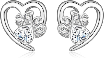 Crystal Paw Print Heart Earrings - Sterling Silver Pet Memorial Jewelry
