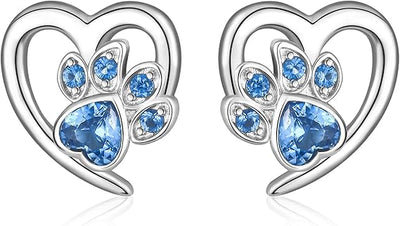 Crystal Paw Print Heart Earrings - Sterling Silver Pet Memorial Jewelry