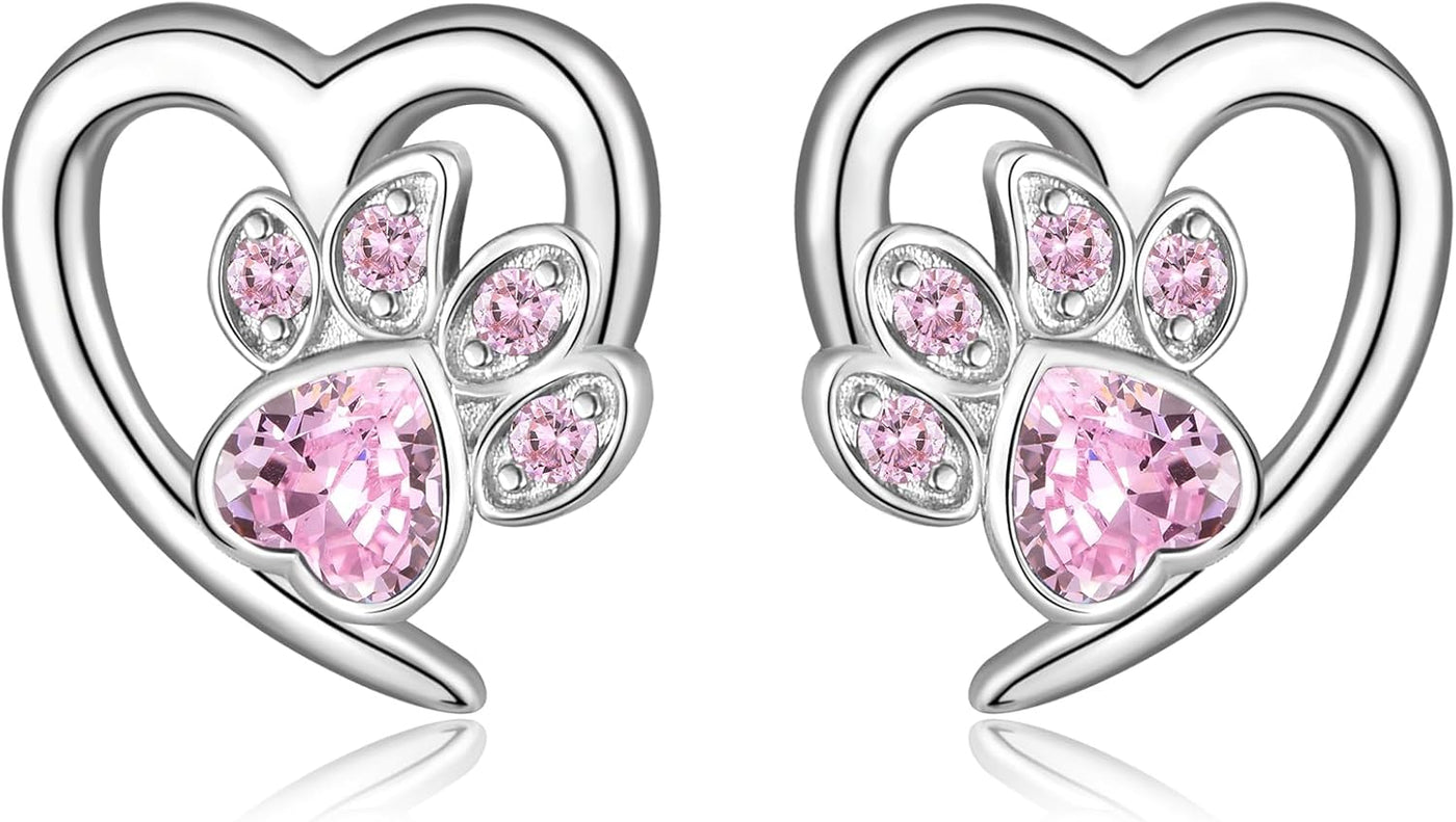 Crystal Paw Print Heart Earrings - Sterling Silver Pet Memorial Jewelry