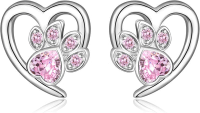 Crystal Paw Print Heart Earrings - Sterling Silver Pet Memorial Jewelry