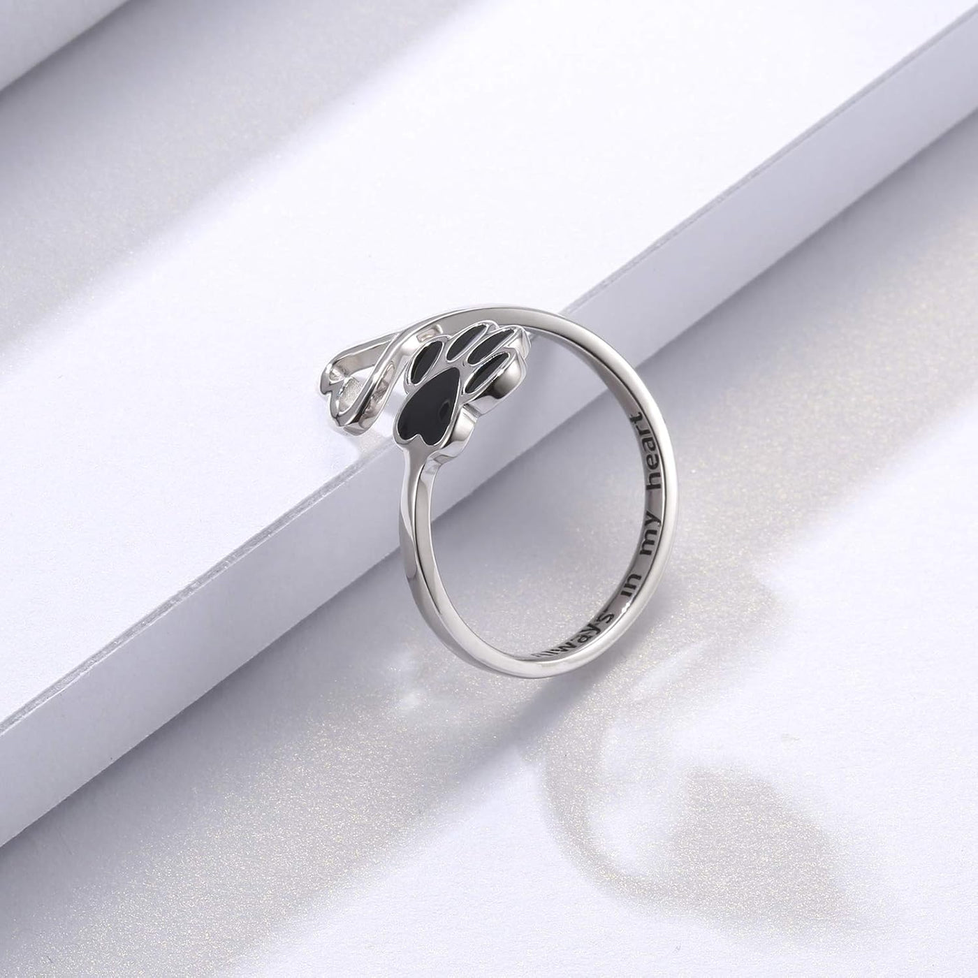 Sterling Silver Paw Print Heart Ring - Adjustable Memory Jewelry for Pet Lovers