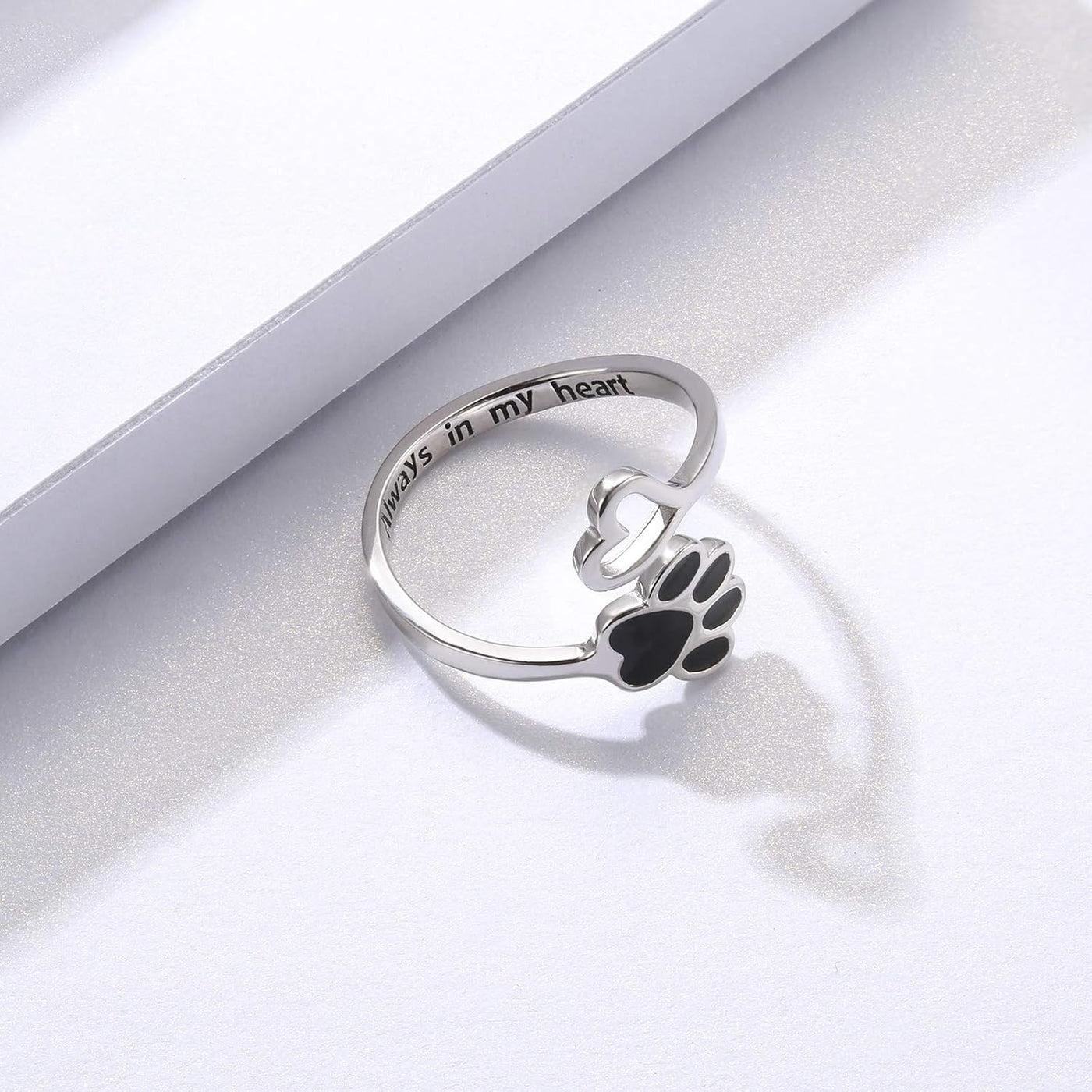 Sterling Silver Paw Print Heart Ring - Adjustable Memory Jewelry for Pet Lovers