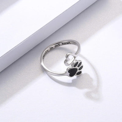 Sterling Silver Paw Print Heart Ring - Adjustable Memory Jewelry for Pet Lovers